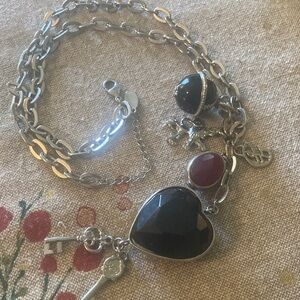 Bundle of GUESS Silver Vintage Black and Red Heart Charm Necklace and Bracelet!
